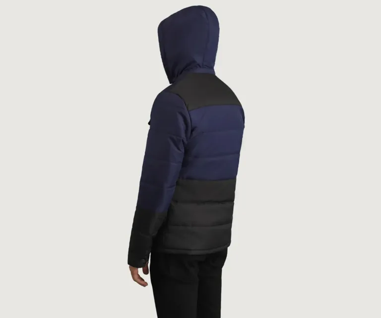 Wayne Black & Blue Hooded Puffer Jacket — Rear Back View & Tailored Hemline