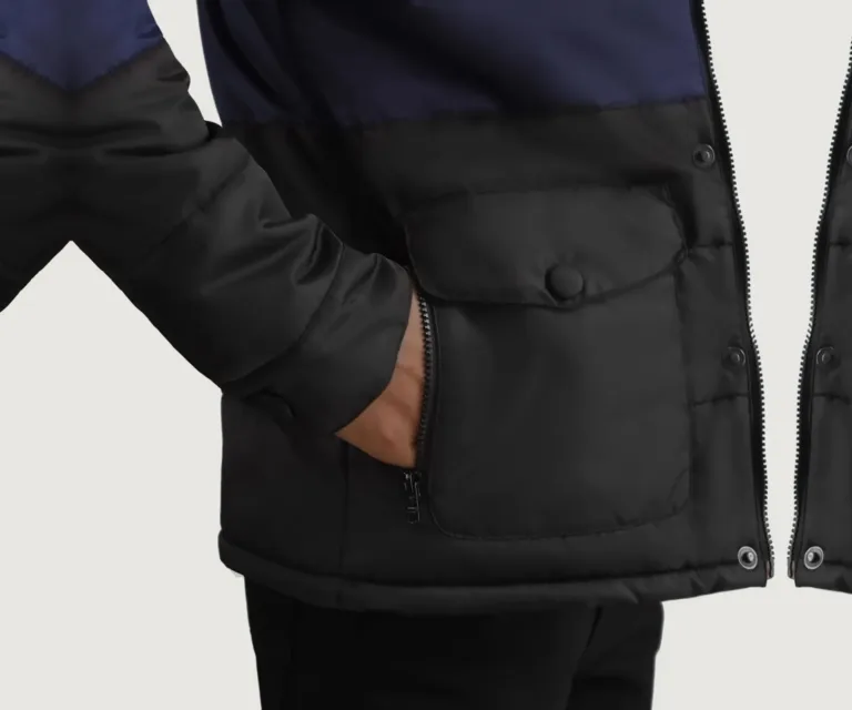 Wayne Black & Blue Hooded Puffer Jacket — Macro Detail Texture, Stitching & Hardware