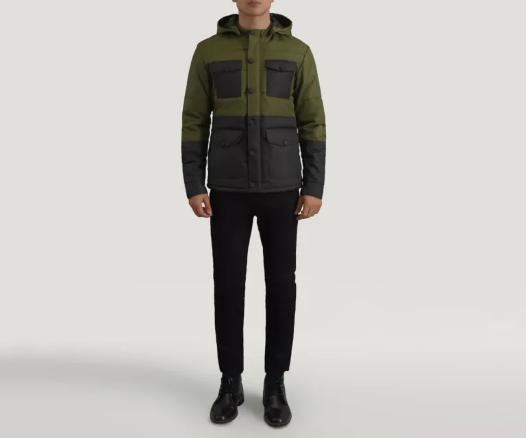 Wayne Black & Green Hooded Puffer Jacket — Quarter Angle Profile & Contoured Sleeve Detail