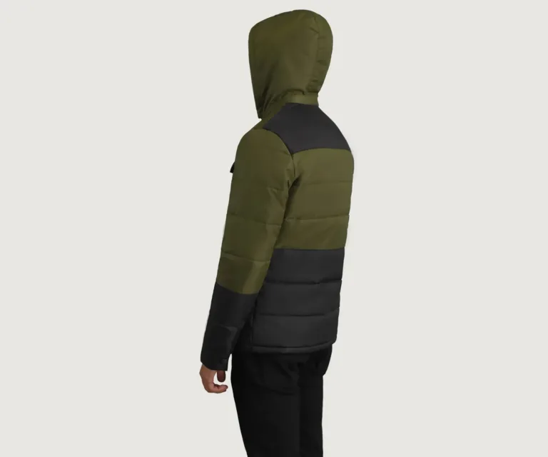 Wayne Black & Green Hooded Puffer Jacket — Rear Back View & Tailored Hemline