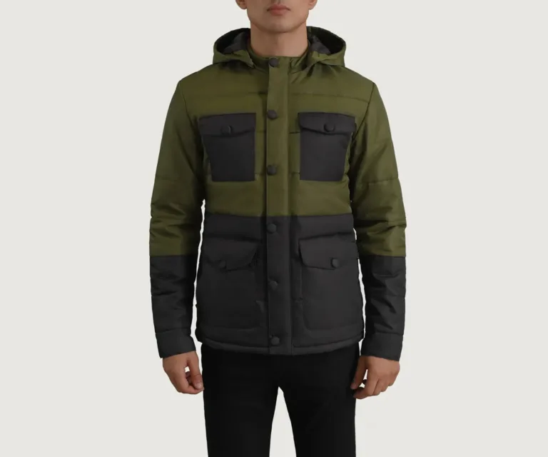 Wayne Black & Green Hooded Puffer Jacket — Macro Detail Texture, Stitching & Hardware