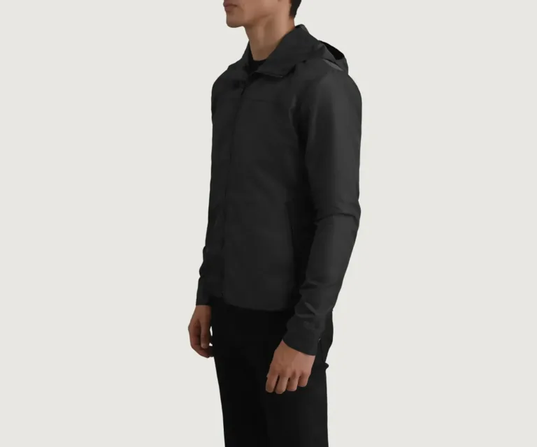 Wesley Black Hooded Windbreaker Jacket — Front Collar & Placket Thermal Detail