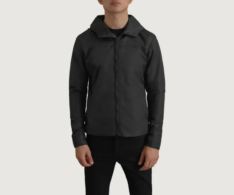 Wesley Black Hooded Windbreaker Jacket — Macro Detail Texture, Stitching & Hardware