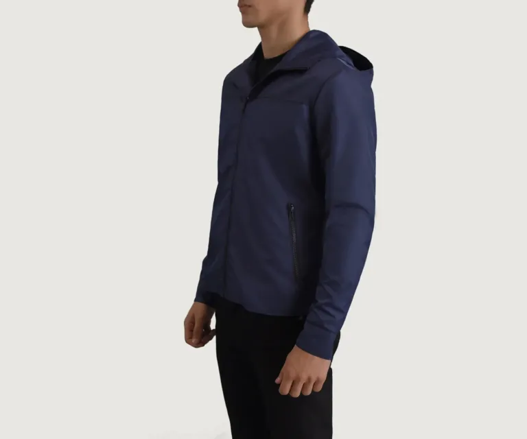 Wesley Blue Hooded Windbreaker Jacket — Front Collar & Placket Thermal Detail