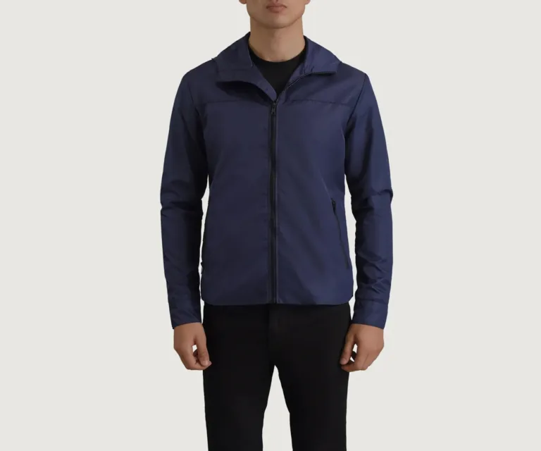Wesley Blue Hooded Windbreaker Jacket — Macro Detail Texture, Stitching & Hardware