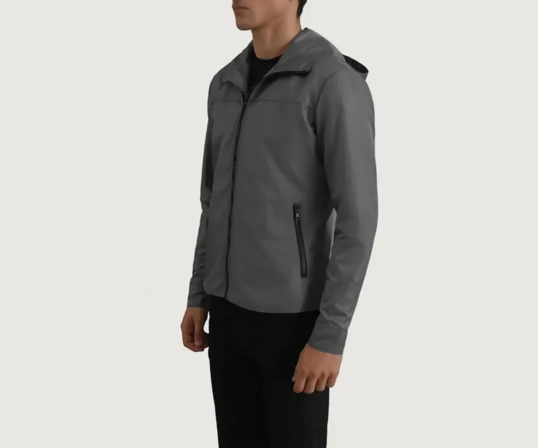 Wesley Grey Hooded Windbreaker Jacket — Front Collar & Placket Thermal Detail