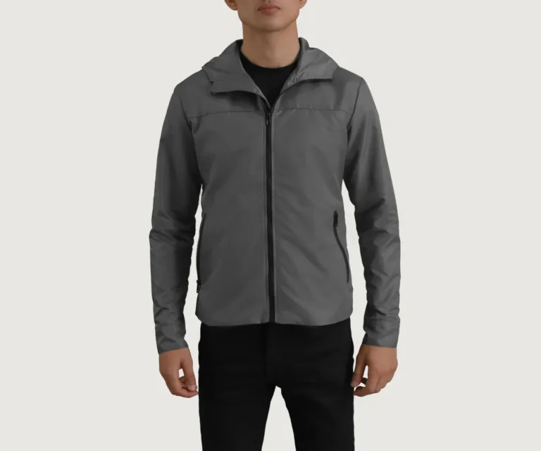 Wesley Grey Hooded Windbreaker Jacket — Macro Detail Texture, Stitching & Hardware