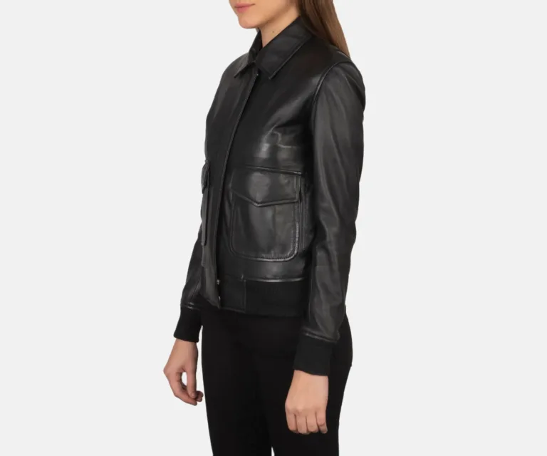 Westa A-2 Black Leather Bomber Jacket Luxury Women's Outerwear — Three-Quarter Editorial Perspective