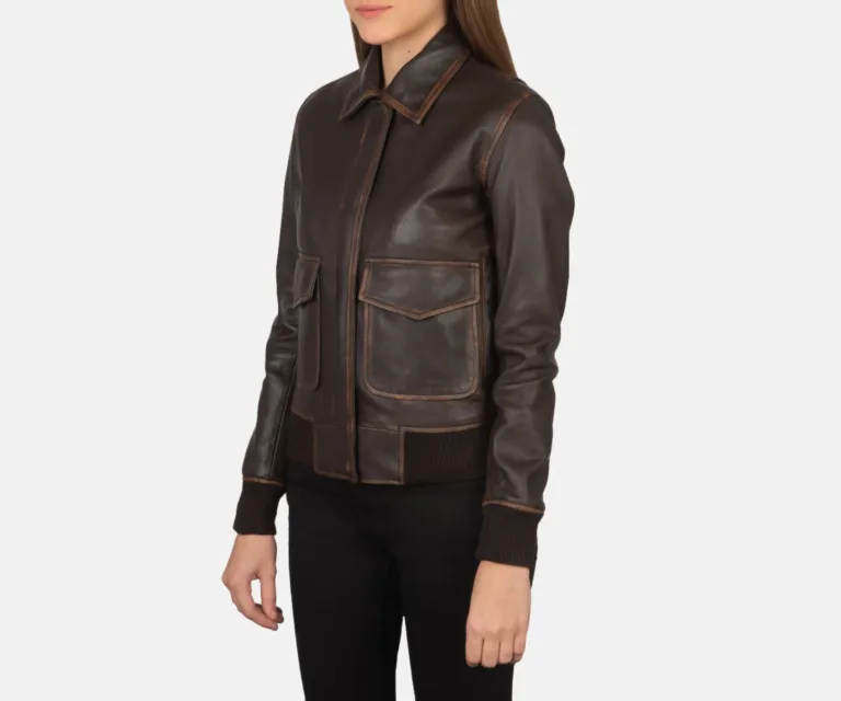 Westa A-2 Brown Leather Bomber Jacket Luxury Women's Outerwear — Three-Quarter Editorial Perspective