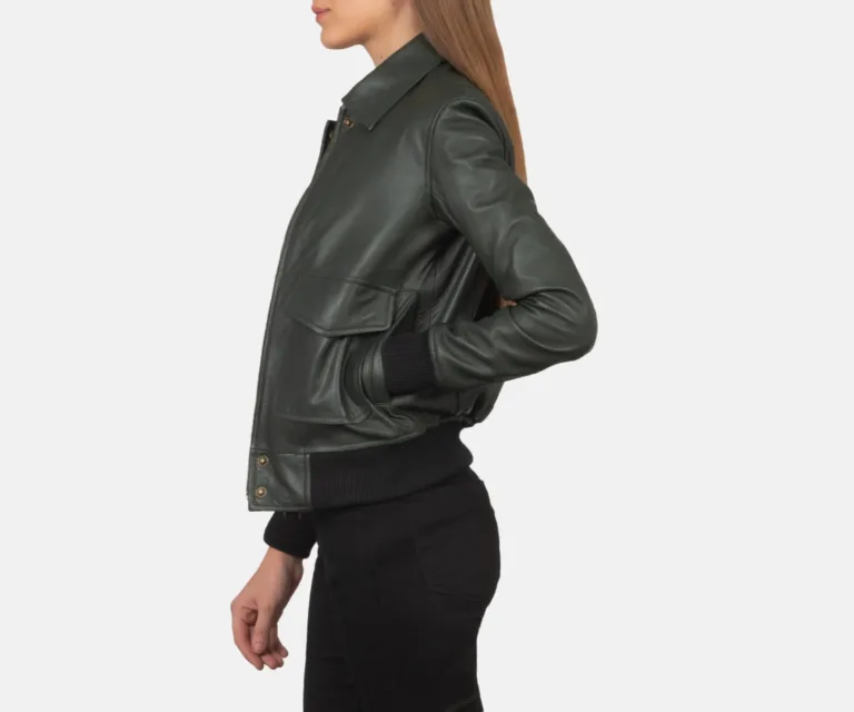 Westa A-2 Green Leather Bomber Jacket Luxury Women's Outerwear — Three-Quarter Editorial Perspective
