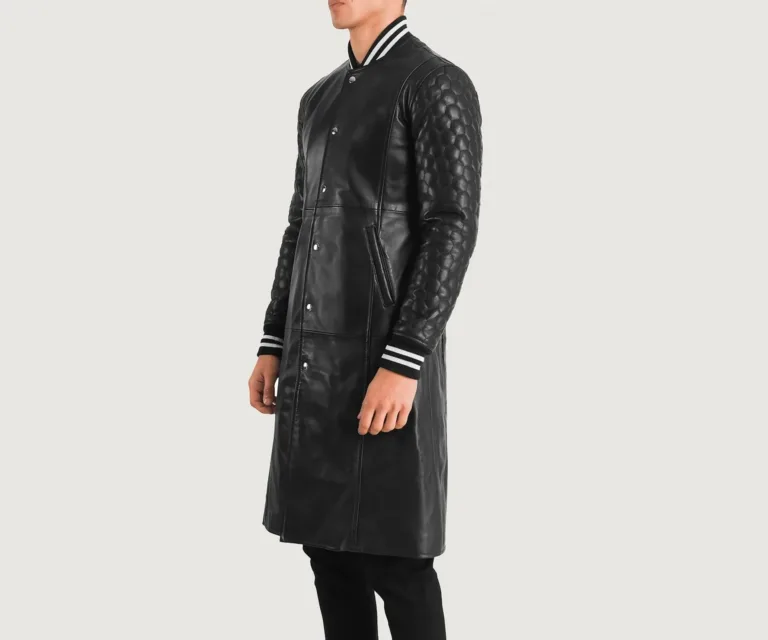 Wilde Black Leather Varsity Coat — Quarter Angle Profile & Sleeve Detail