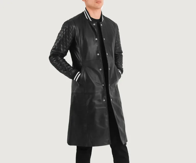 Wilde Black Leather Varsity Coat — Front Placket Snaps & Rib-Knit Collar