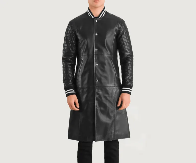 Wilde Black Leather Varsity Coat — Rear Back View & Striped Rib Hemline
