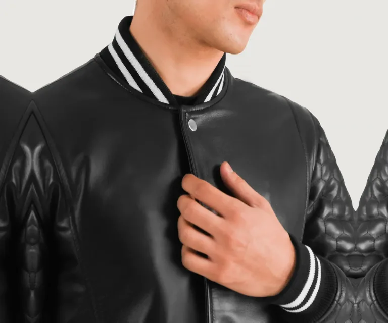 Wilde Black Leather Varsity Coat — Full-Length Model Editorial Presentation