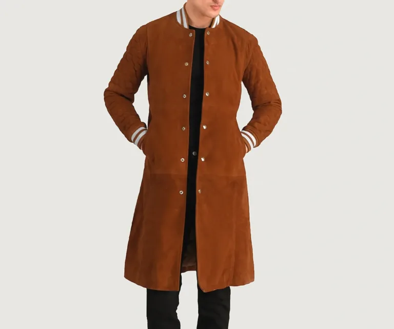 Wilde Brown Suede Varsity Coat — Front Open Hero Presentation