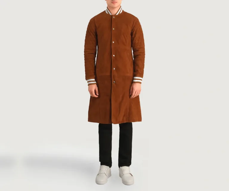 Wilde Brown Suede Varsity Coat — Front Placket Snaps & Rib-Knit Collar