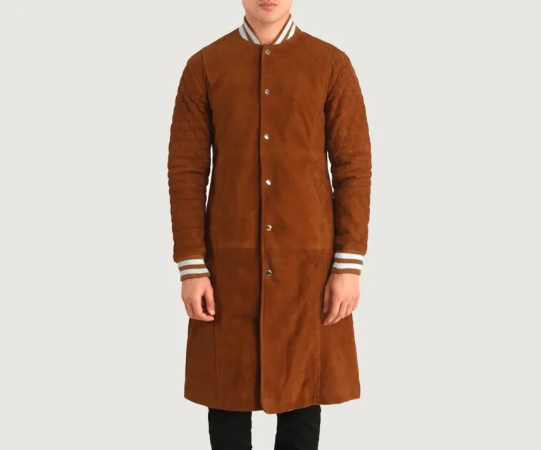 Wilde Brown Suede Varsity Coat — Rear Back View & Striped Rib Hemline