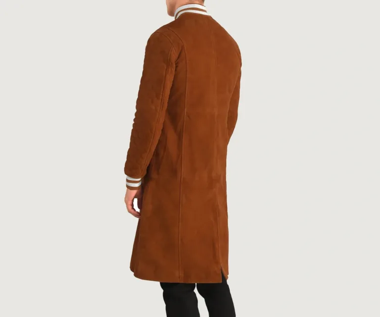 Wilde Brown Suede Varsity Coat — Macro Detail Leather Grain, Rib-Knit & Snaps