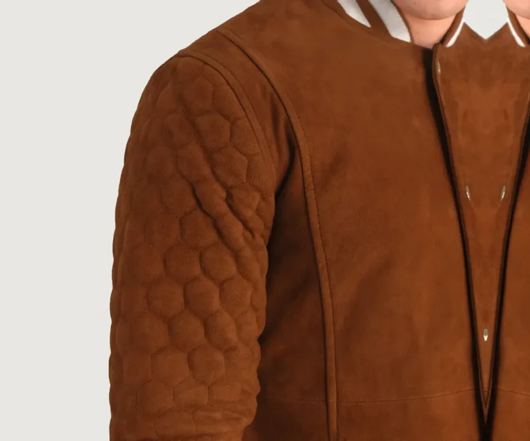 Wilde Brown Suede Varsity Coat — Full-Length Model Editorial Presentation