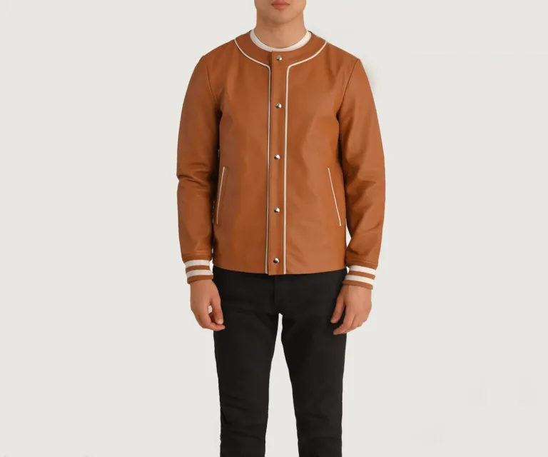 Willis Tan Brown Leather Varsity Jacket — view 4