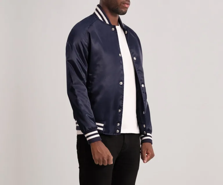 Xander Blue Varsity Jacket — Quarter Angle Profile & Sleeve Detail