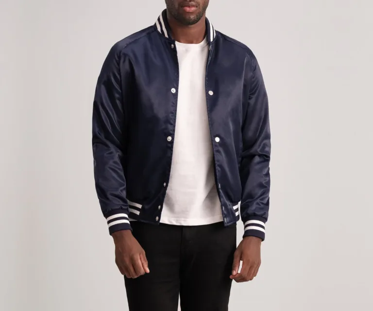 Xander Blue Varsity Jacket — Front Placket Snaps & Rib-Knit Collar