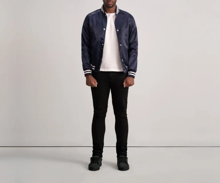 Xander Blue Varsity Jacket — Rear Back View & Striped Rib Hemline
