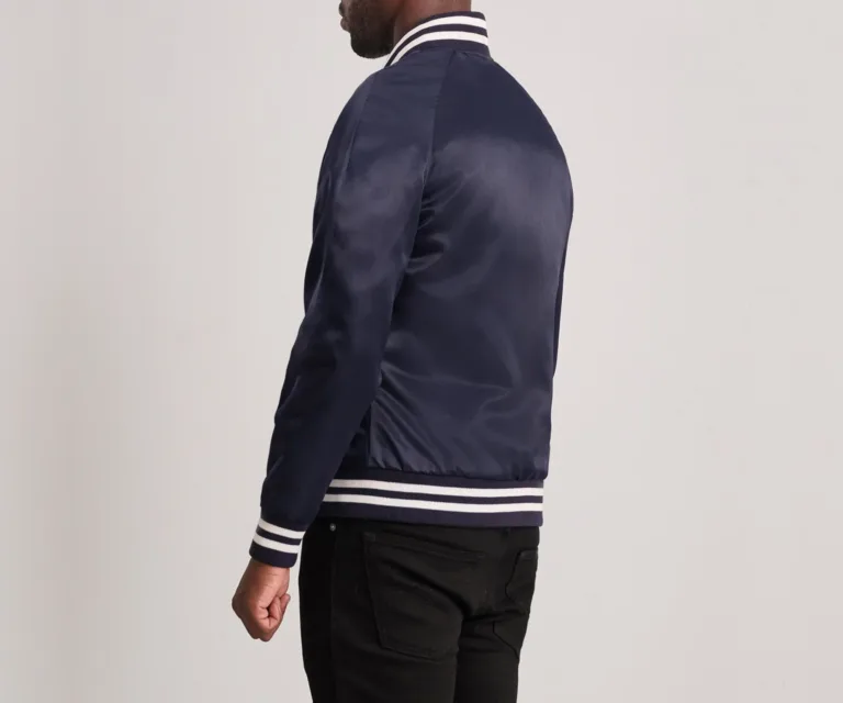 Xander Blue Varsity Jacket — Macro Detail Leather Grain, Rib-Knit & Snaps