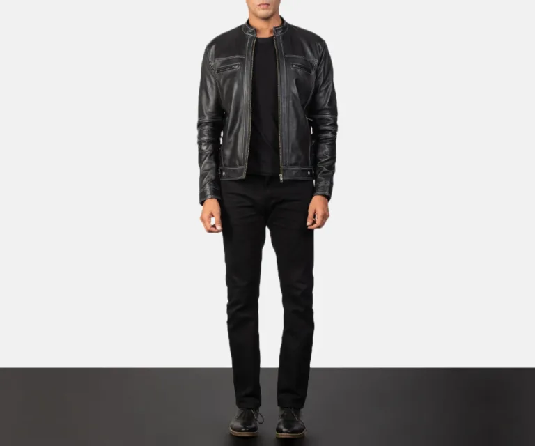 Youngster Black Leather Biker Jacket — Front Zipped Placket & Collar Detail