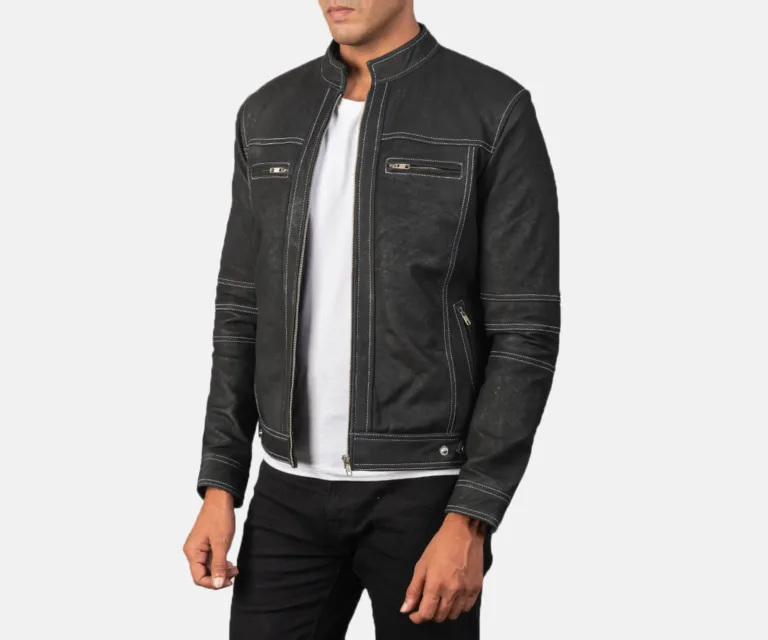 Youngster Distressed Black Leather Jacket — Quarter Angle Profile & Contoured Sleeve Detail