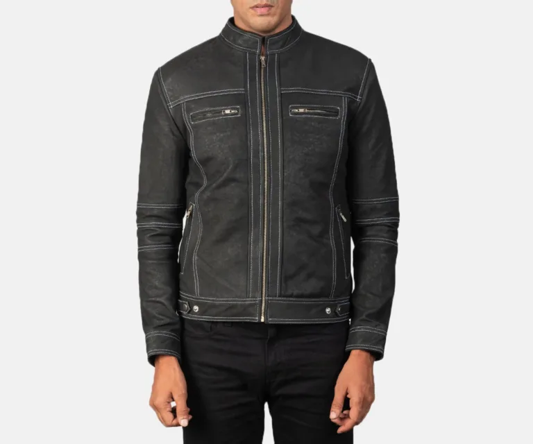 Youngster Distressed Black Leather Jacket — Front Zipped Placket & Collar Detail