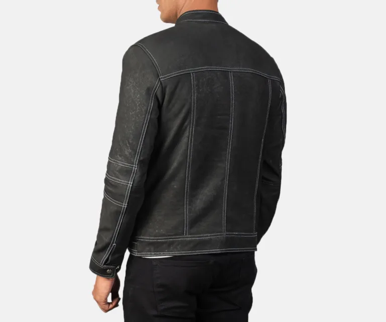 Youngster Distressed Black Leather Jacket — Macro Detail Texture, Stitching & Hardware
