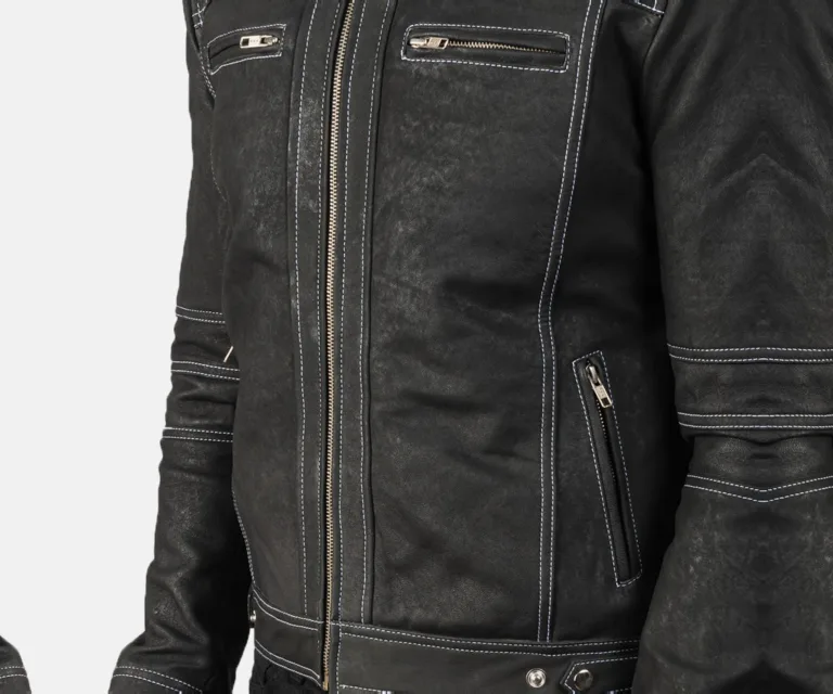 Youngster Distressed Black Leather Jacket — Full-Length Model Editorial Presentation
