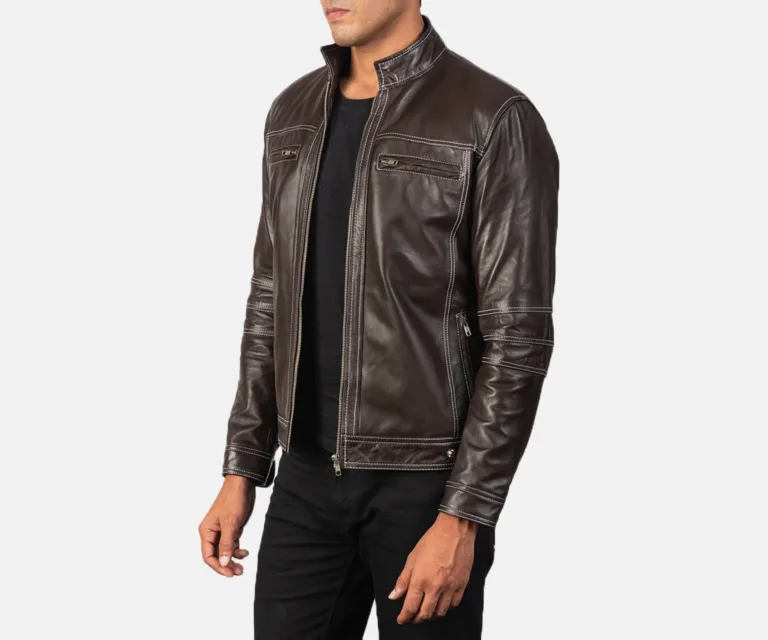 Youngster Brown Leather Biker Jacket — Quarter Angle Profile & Contoured Sleeve Detail