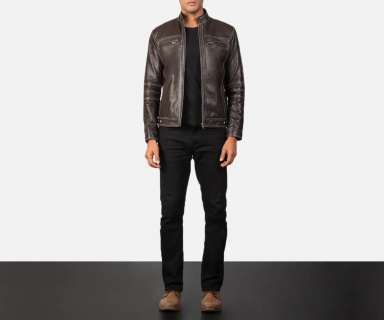 Youngster Brown Leather Biker Jacket — Front Zipped Placket & Collar Detail