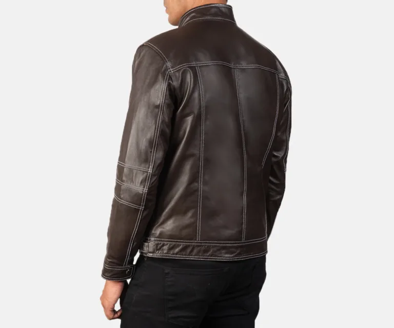 Youngster Brown Leather Biker Jacket — Macro Detail Texture, Stitching & Hardware