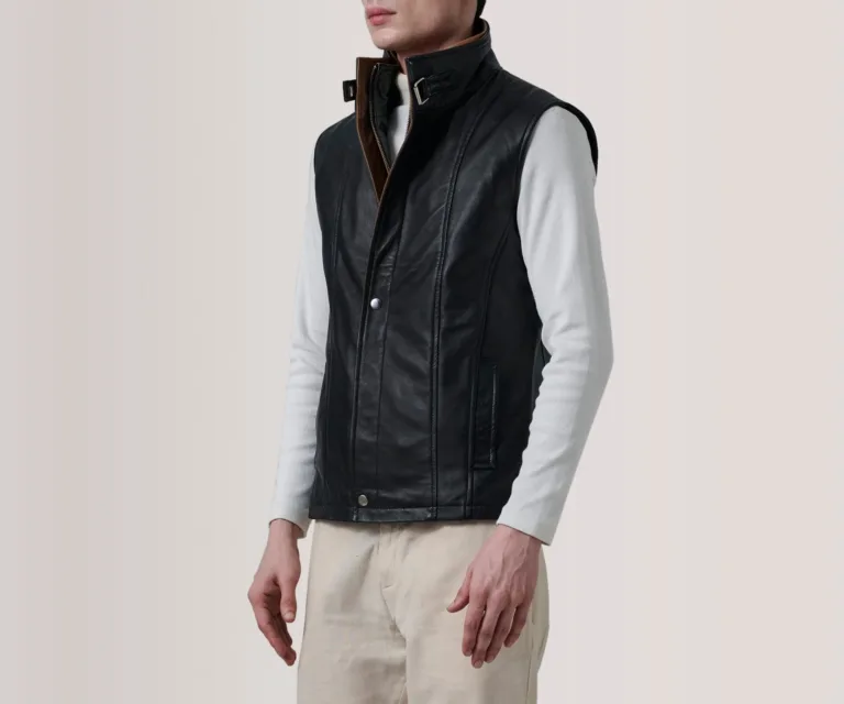 Zane Black Leather Vest — Front Placket Closure & Collar Detail