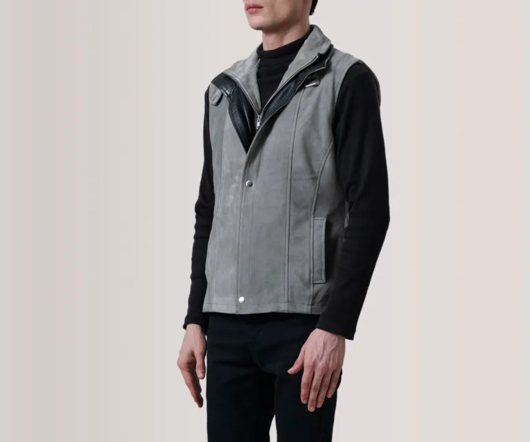 Zane Grey Suede Vest — Front Placket Closure & Collar Detail