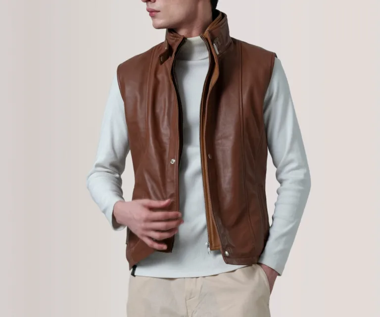 Zane Waxed Brown Leather Vest — Front Open Hero Presentation