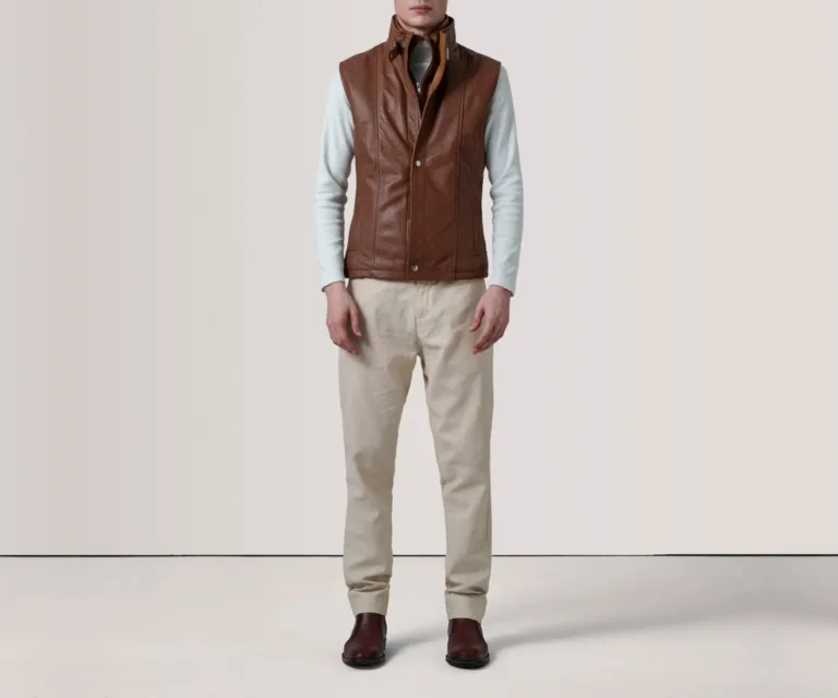 Zane Waxed Brown Leather Vest — Quarter Angle Profile & Armhole Detail