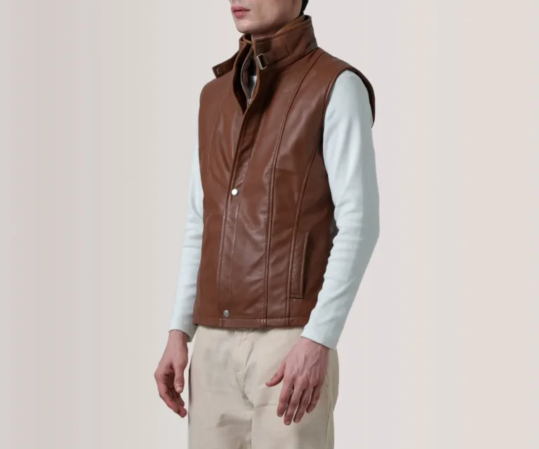 Zane Waxed Brown Leather Vest — Front Placket Closure & Collar Detail