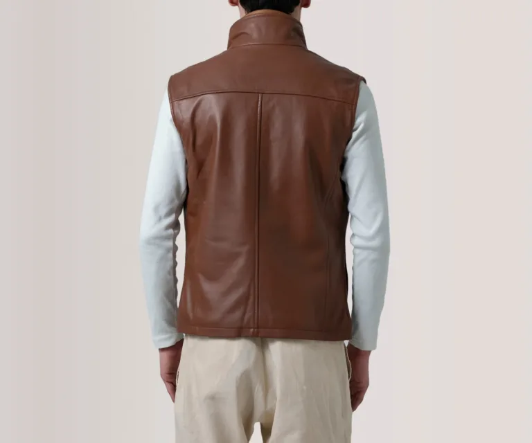 Zane Waxed Brown Leather Vest — Rear Back View & Clean Tailored Hemline