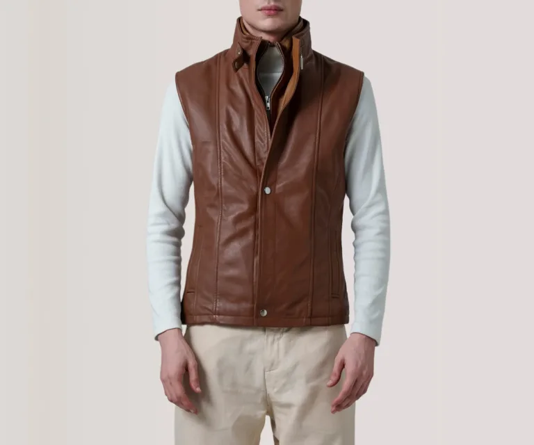 Zane Waxed Brown Leather Vest — Macro Detail Leather Grain, Stitching & Hardware