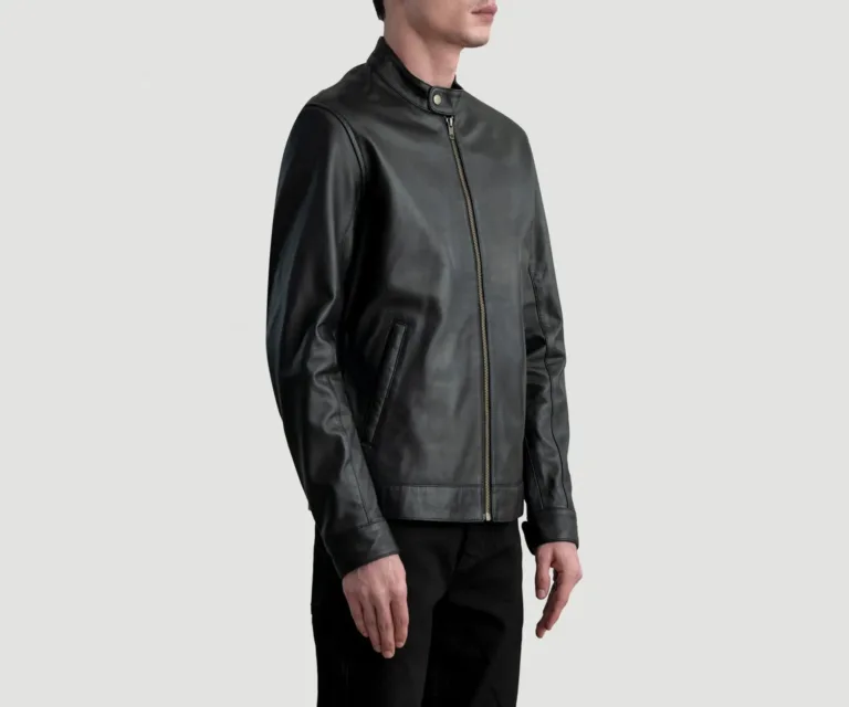 Zen Black Leather Biker Jacket — Quarter Angle Profile & Contoured Sleeve Detail