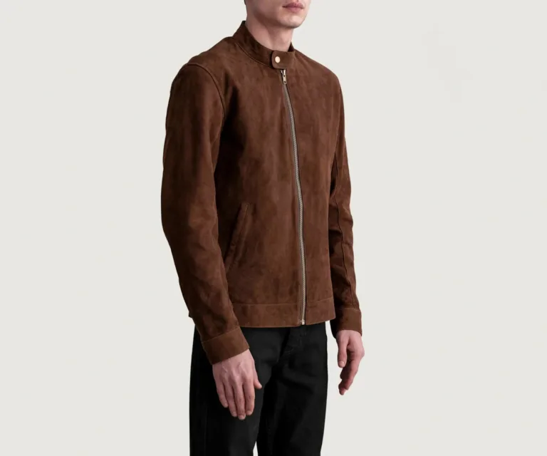 Zen Brown Suede Biker Jacket — Quarter Angle Side Profile & Contoured Sleeve Detail
