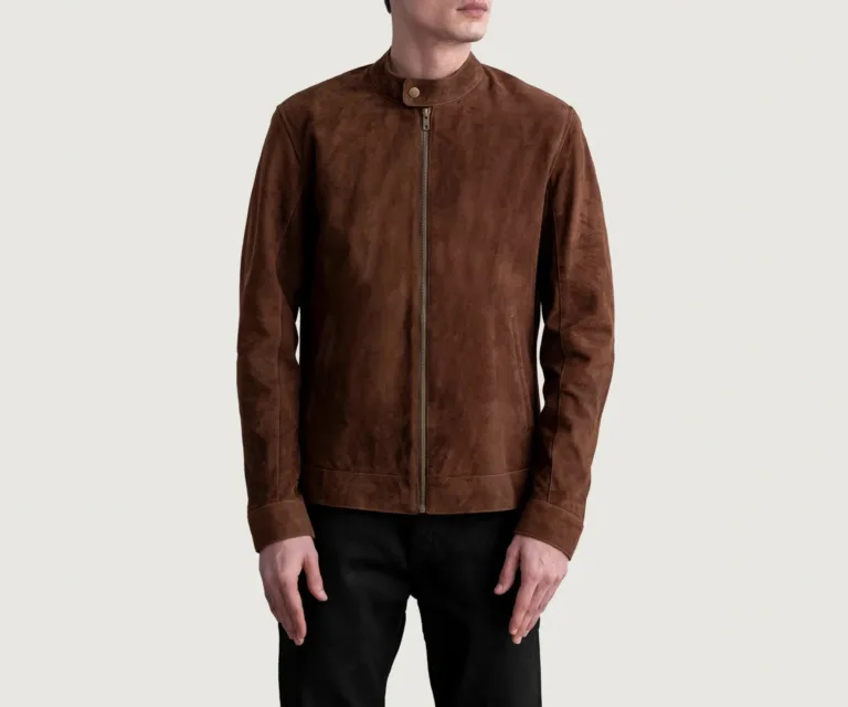 Zen Brown Suede Biker Jacket — Front Zipped Placket & Snap Collar Detail