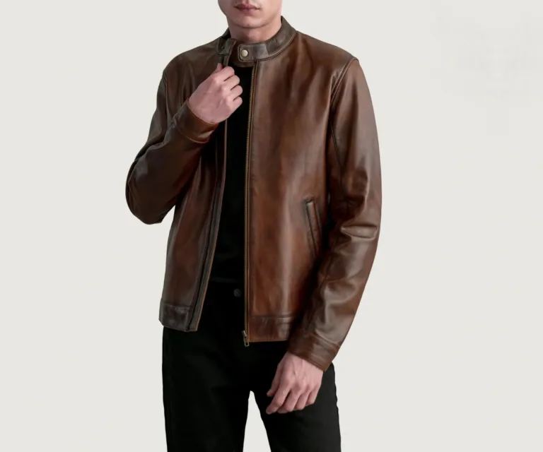 Zen Distressed Brown Leather Biker Jacket — Front Open Hero Presentation