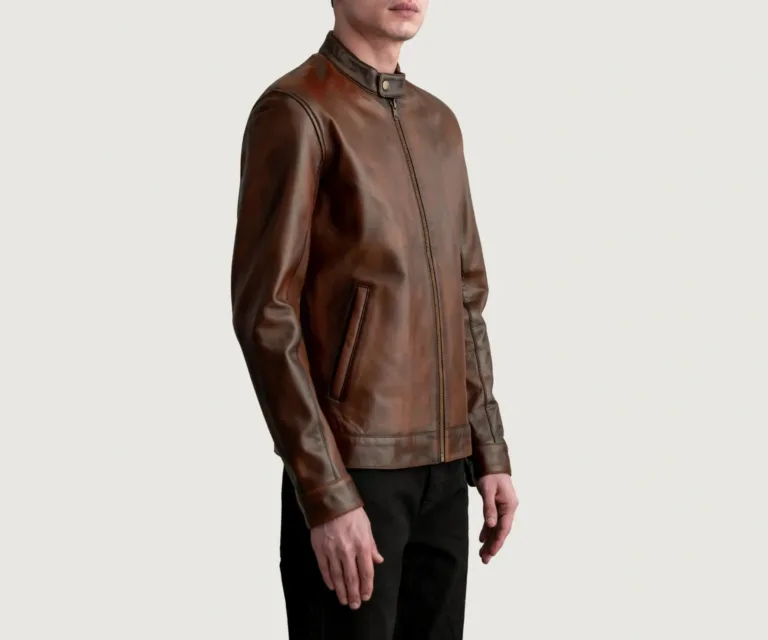 Zen Distressed Brown Leather Biker Jacket — Quarter Angle Profile & Contoured Sleeve Detail
