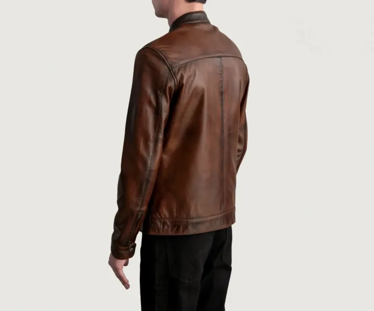 Zen Distressed Brown Leather Biker Jacket — Full-Length Model Editorial Presentation