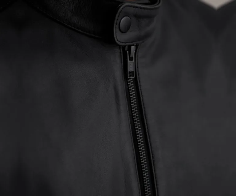 Zen Matte Black Leather Biker Jacket — Macro Detail Texture, Stitching & Hardware
